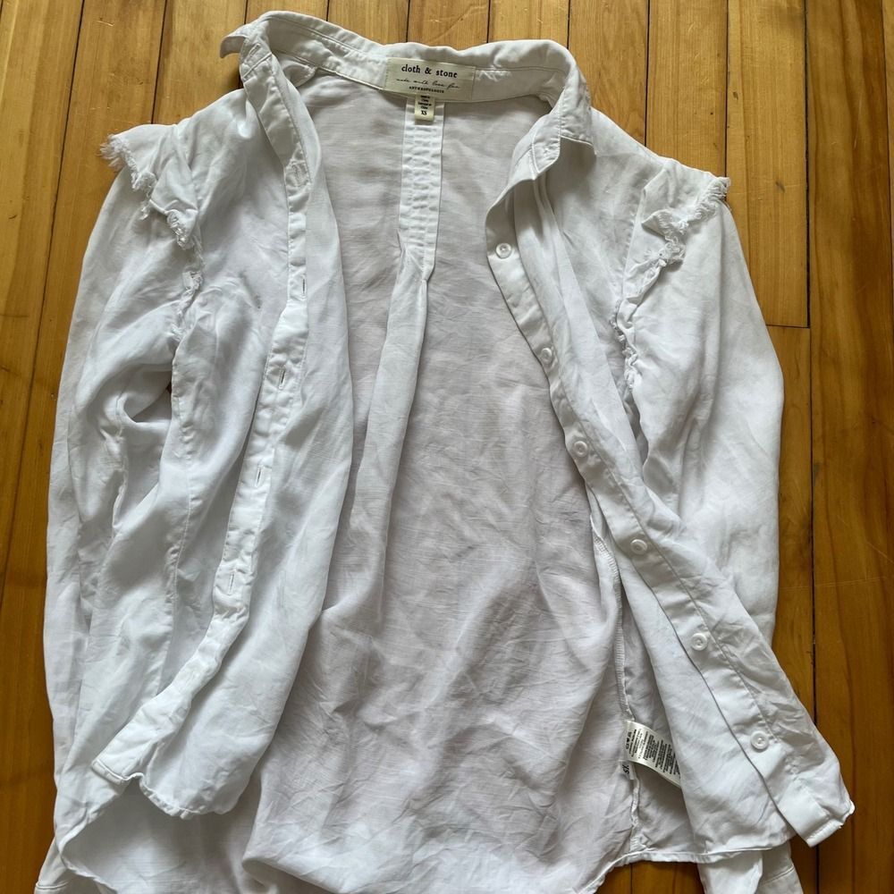 Cloth & Stone Anthropologie White Ruffled Linen Blend Button Down Shirt XS